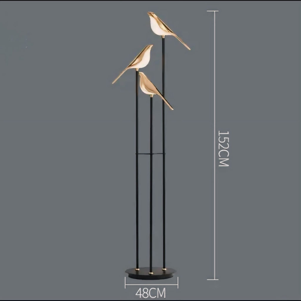 Modern Bird LED Floor Lamp with 3 Light Heads and Gold Accents