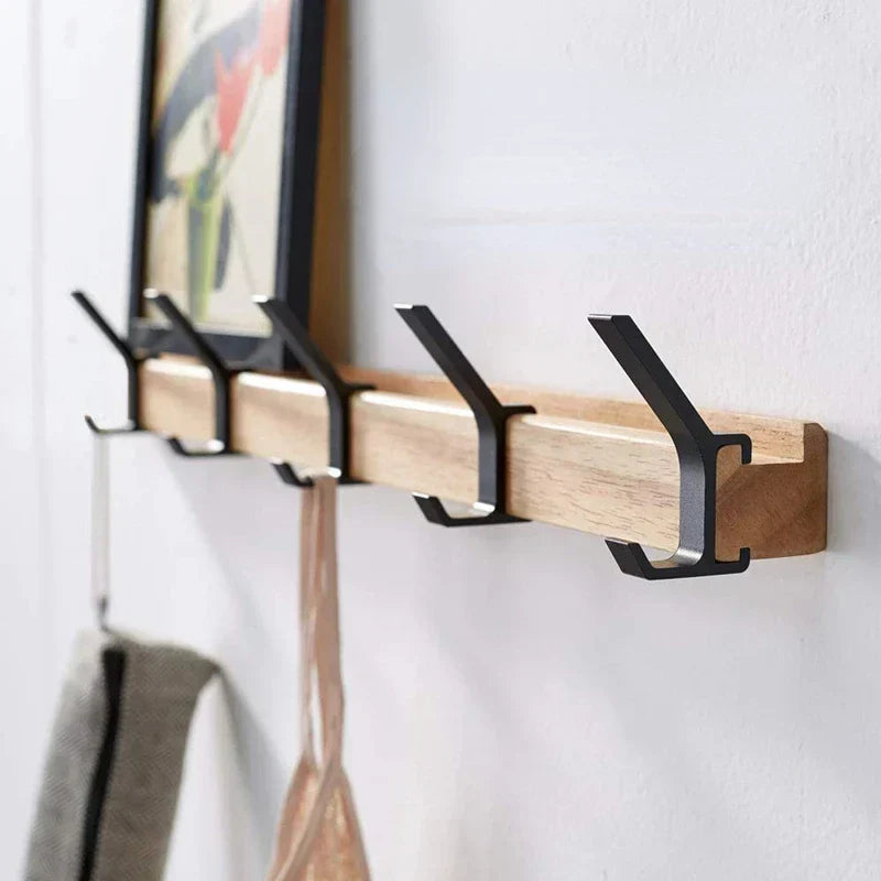 Wall Mounted Coat Rack with Adjustable Double Hooks Wooden Coat Hook Rail with Metal Hooks Scandinavian Entryway Organiser for Hallway and Bedroom