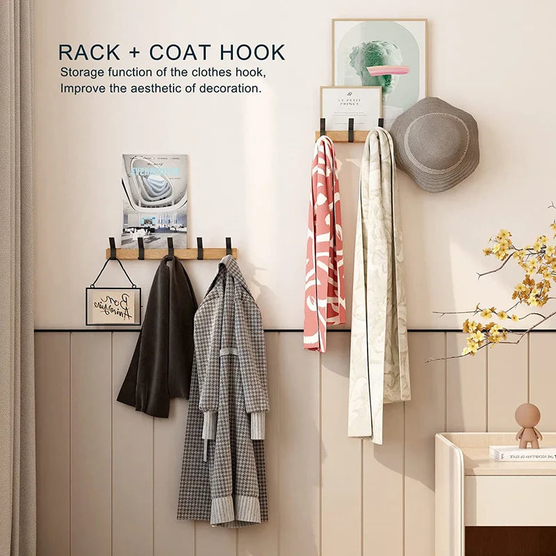 Wall Mounted Coat Rack with Adjustable Double Hooks Wooden Coat Hook Rail with Metal Hooks Scandinavian Entryway Organiser for Hallway and Bedroom