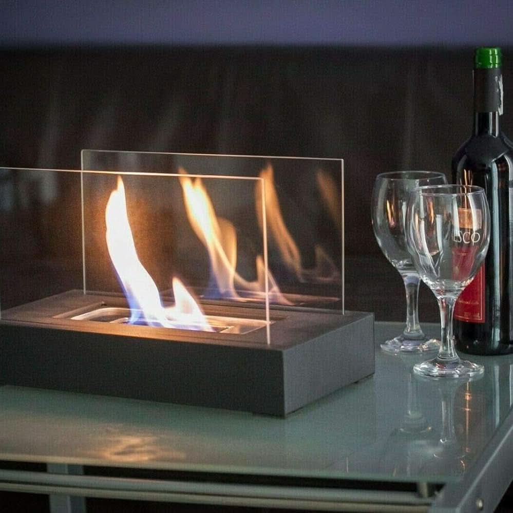 Portable Bioethanol Table Fireplace Tempered Glass and Steel Tabletop Fire Smokeless for Indoor and Outdoor Use