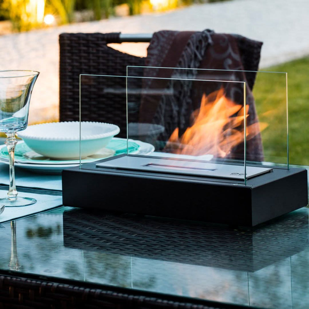 Portable Bioethanol Table Fireplace Tempered Glass and Steel Tabletop Fire Smokeless for Indoor and Outdoor Use