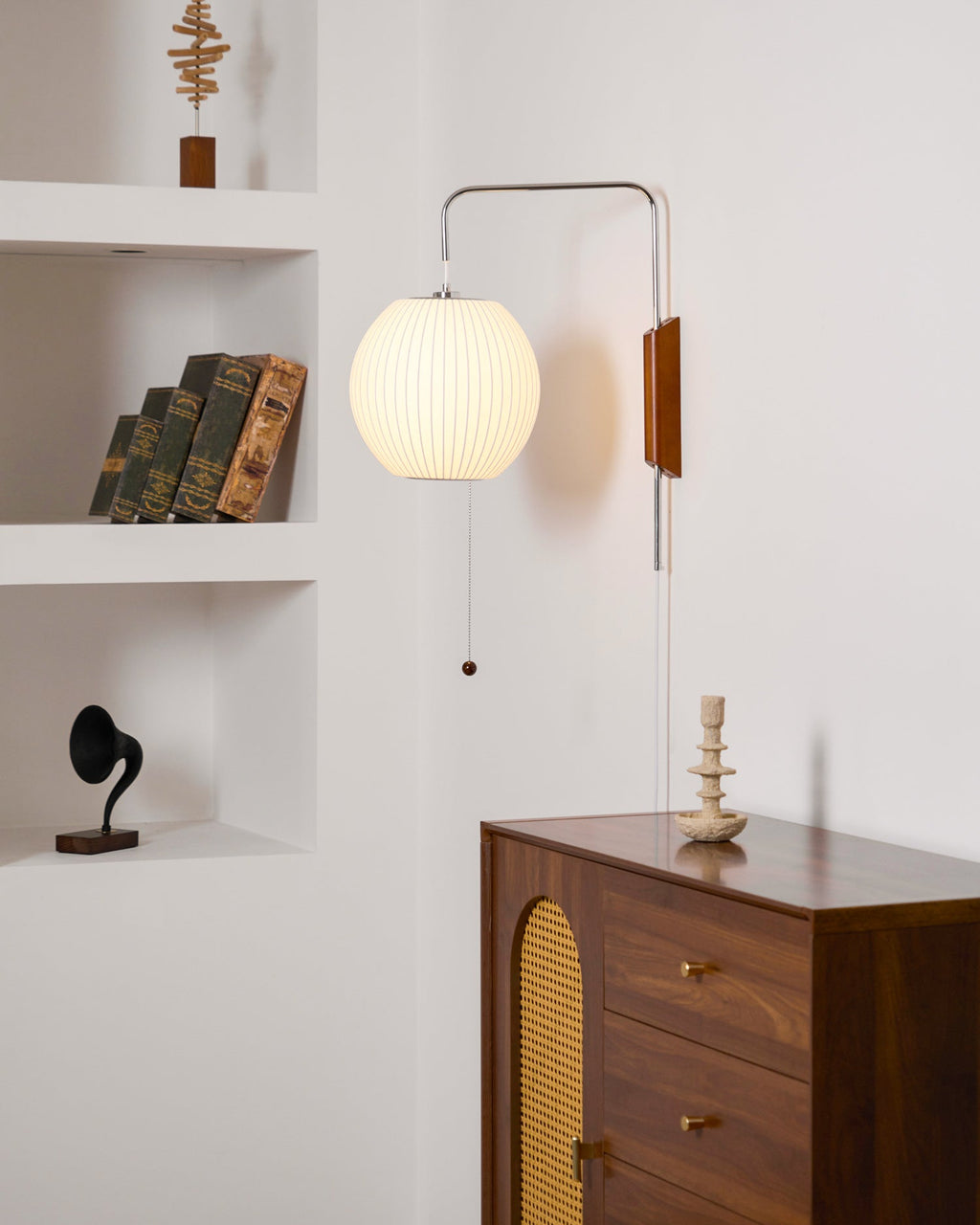 Ribbed Oval Wall Sconce With Pull Chain And Curved Arm