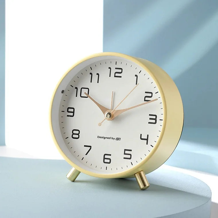 Scandinavian Silent Table Clock Metal Desk Clock with Sweep Movement Battery Operated Modern Round Mantel Clock for Bedroom | Living Room and Office