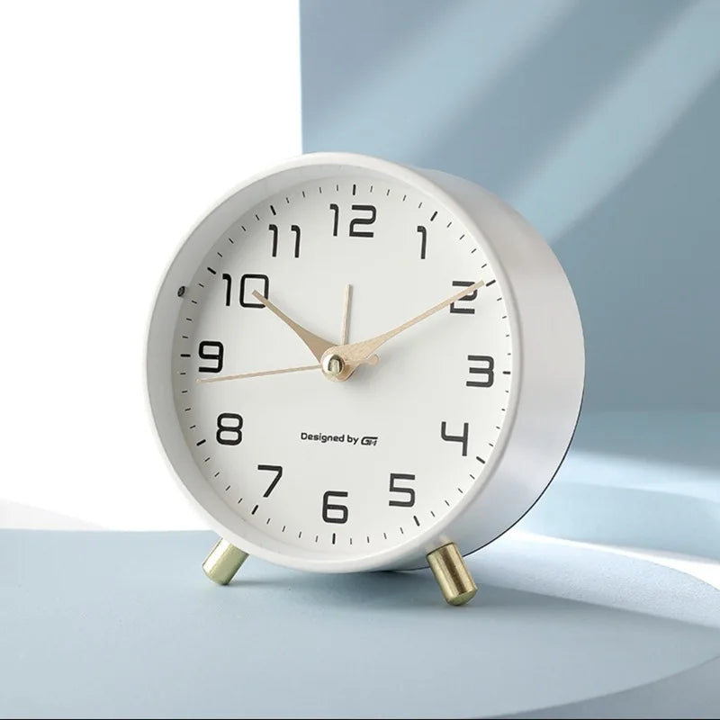 Scandinavian Silent Table Clock Metal Desk Clock with Sweep Movement Battery Operated Modern Round Mantel Clock for Bedroom | Living Room and Office
