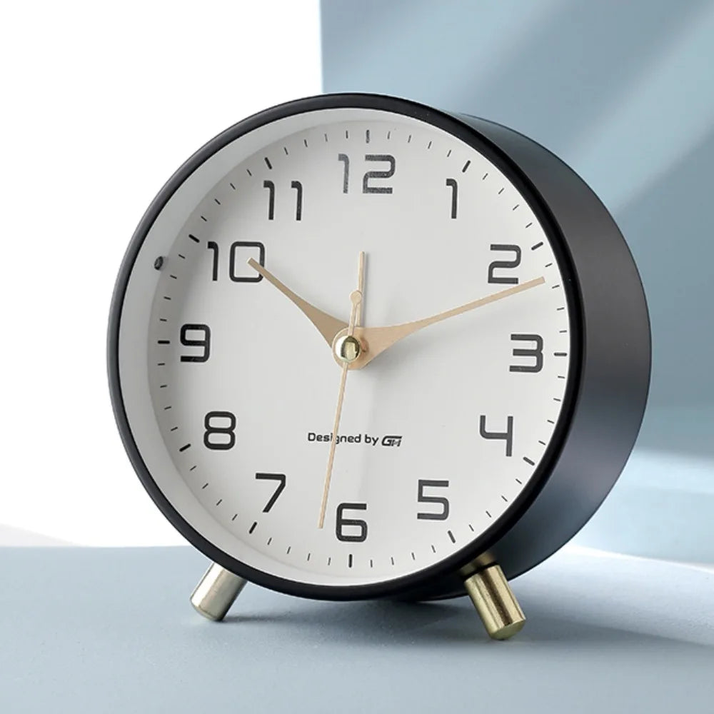 Scandinavian Silent Table Clock Metal Desk Clock with Sweep Movement Battery Operated Modern Round Mantel Clock for Bedroom | Living Room and Office