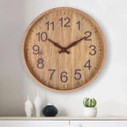 Wooden Wall Clock Silent Non-Ticking Round Wall Clock Natural Wood Look Minimalist Battery Operated Clock for Living Room, Bedroom and Office