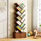 Tree Bookshelf with Drawer Freestanding Wooden Book Tower Tall Narrow Bookcase for Home Office | Bedroom and Kids Room