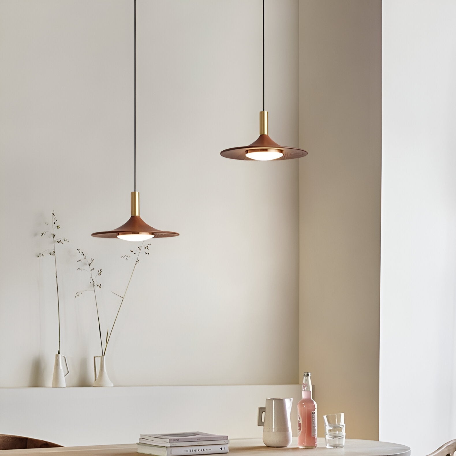 Nordic Walnut Wood Disc Pendant Light With Adjustable Cord