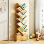 Tree Bookshelf with Drawer Freestanding Wooden Book Tower Tall Narrow Bookcase for Home Office | Bedroom and Kids Room