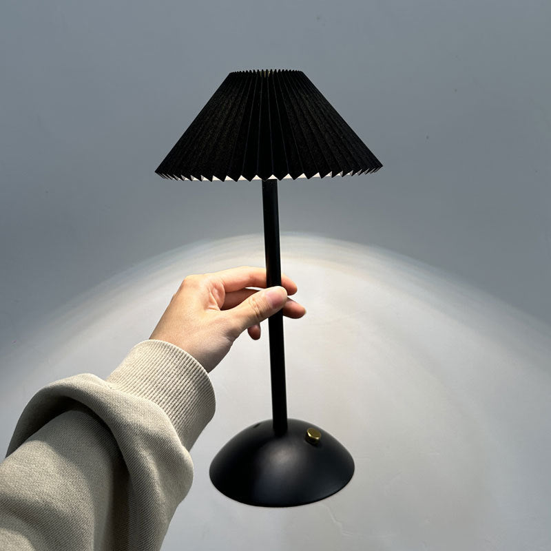 Rechargeable Table Lamp Pleated Fabric Shade Cordless Bedside Lamp with Iron Base Scandinavian Battery Lamp for Bedroom | Living Room and Dining Table