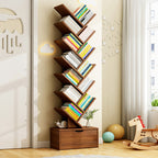 Tree Bookshelf with Drawer Freestanding Wooden Book Tower Tall Narrow Bookcase for Home Office | Bedroom and Kids Room