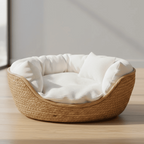 Woven Cat Bed Basket Natural Fibre Pet Sofa with Soft Removable Cotton Cushion Round Cat Basket for Indoor Cats | Small Dogs