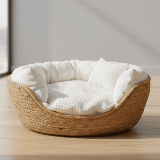 Woven Cat Bed Basket Natural Fibre Pet Sofa with Soft Removable Cotton Cushion Round Cat Basket for Indoor Cats | Small Dogs