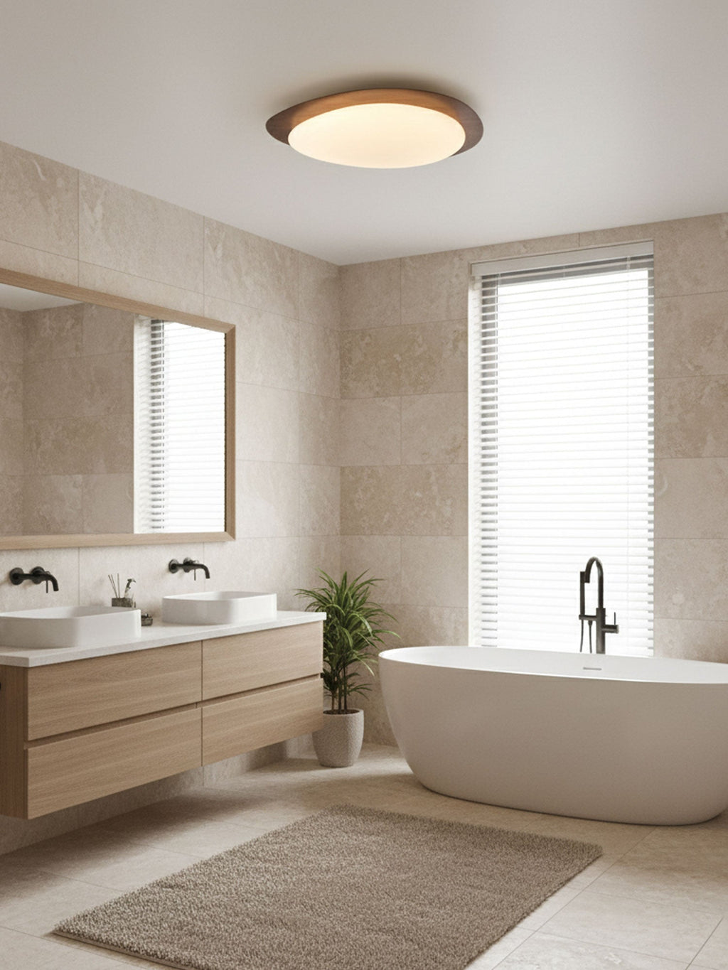 Pebble Round Flush Mount Ceiling Light With Wood-Trim Rim