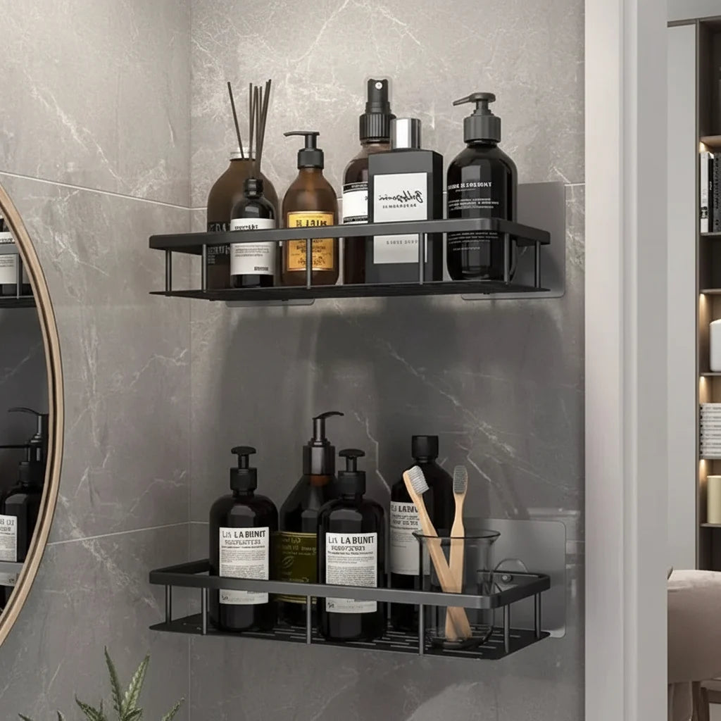 Adhesive Bathroom Shelf Drill-Free Shower Caddy Stainless Steel Wall Shelf Organiser for Shampoo and Toiletries