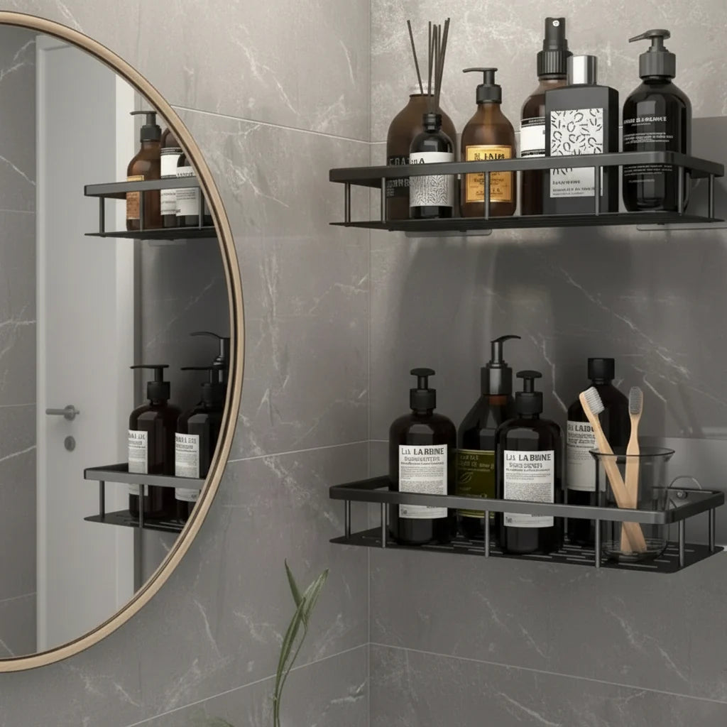 Adhesive Bathroom Shelf Drill-Free Shower Caddy Stainless Steel Wall Shelf Organiser for Shampoo and Toiletries