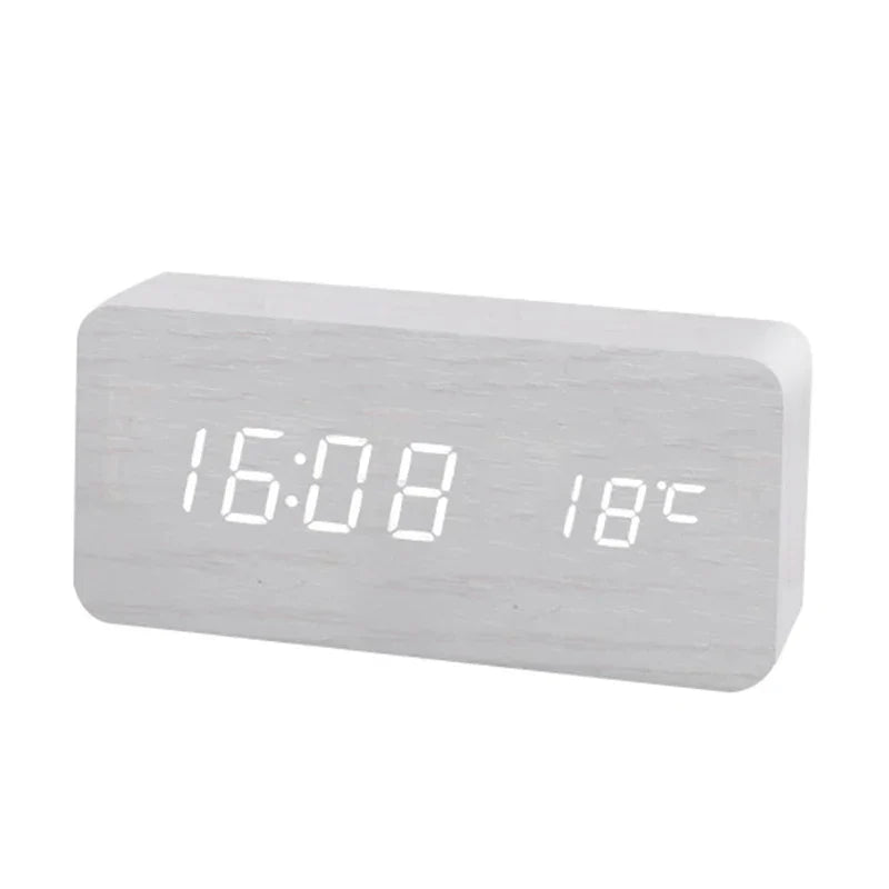 Wooden Digital Alarm Clock LED Display Silent Non Ticking Desk Clock with Temperature Display Minimalist Wood Block Bedside Clock for Bedroom