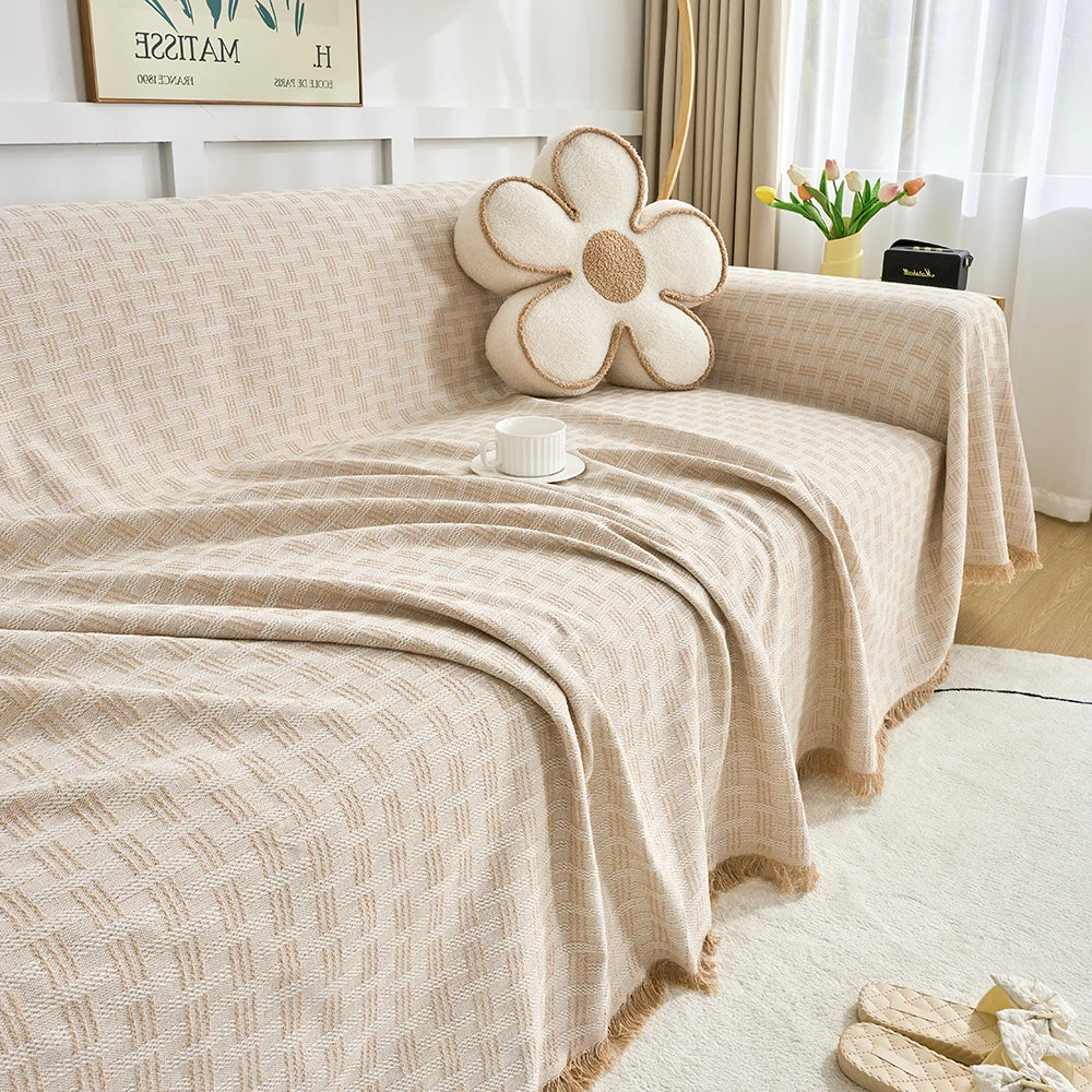 Extra Large Reversible Sofa Cover Soft Washable Woven Sofa Throw with Tassel Fringe for High Back Sofas and Large Couches