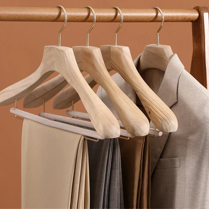 Wide Shoulder Wooden Coat Hangers Set of Two Natural Camphor Wood Suit Hangers and Trouser Hangers with Clips for Wardrobe | Jackets and Coats