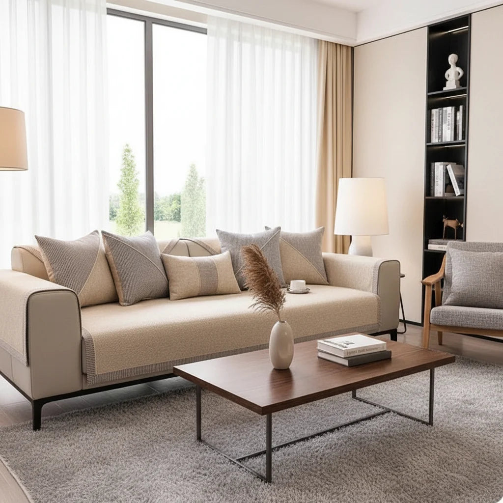 Non-Slip Sofa Cover Cotton Linen Quilted Sofa Throw Breathable Couch Protector with Latex Grip for All Seasons