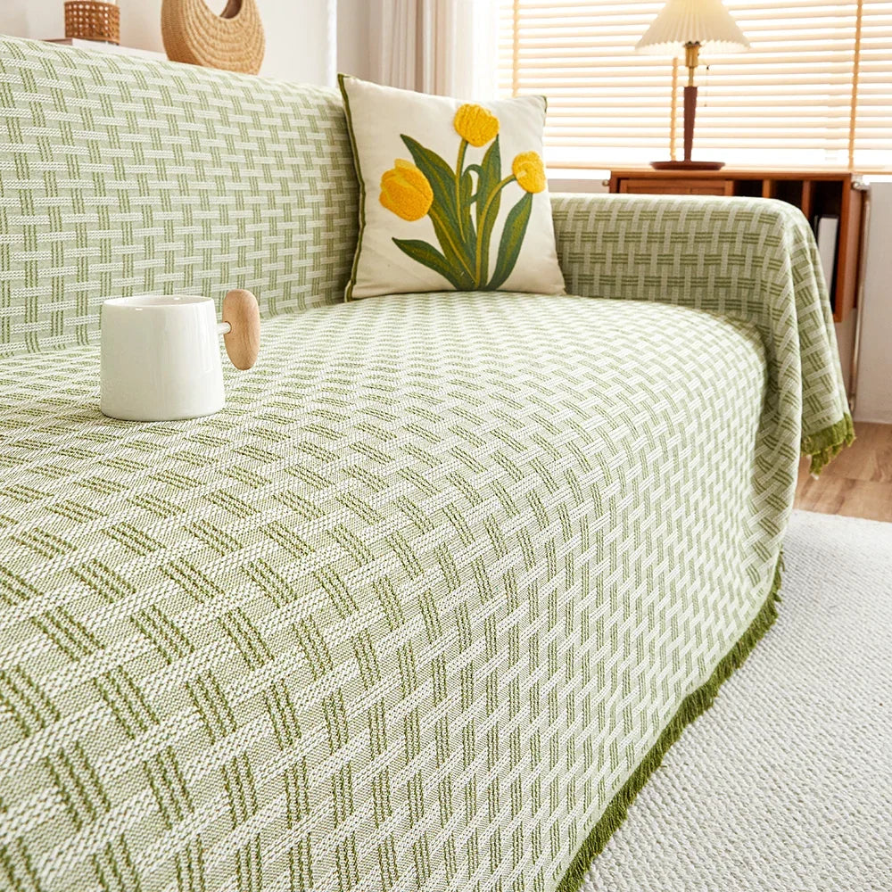 Extra Large Reversible Sofa Cover Soft Washable Woven Sofa Throw with Tassel Fringe for High Back Sofas and Large Couches