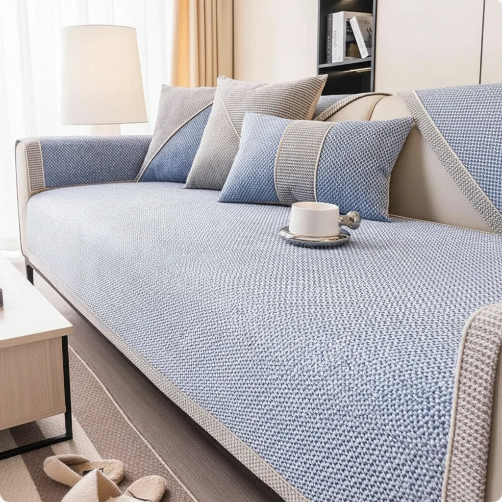 Non-Slip Sofa Cover Cotton Linen Quilted Sofa Throw Breathable Couch Protector with Latex Grip for All Seasons