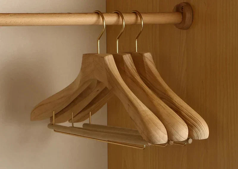 Wide Shoulder Wooden Coat Hangers Set of Two Natural Camphor Wood Suit Hangers and Trouser Hangers with Clips for Wardrobe | Jackets and Coats