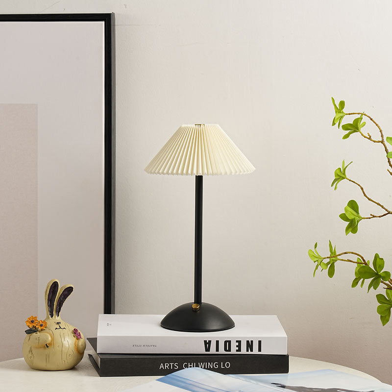 Rechargeable Table Lamp Pleated Fabric Shade Cordless Bedside Lamp with Iron Base Scandinavian Battery Lamp for Bedroom | Living Room and Dining Table