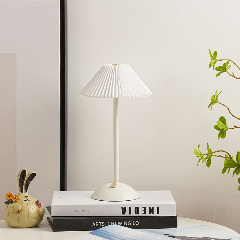 Rechargeable Table Lamp Pleated Fabric Shade Cordless Bedside Lamp with Iron Base Scandinavian Battery Lamp for Bedroom | Living Room and Dining Table