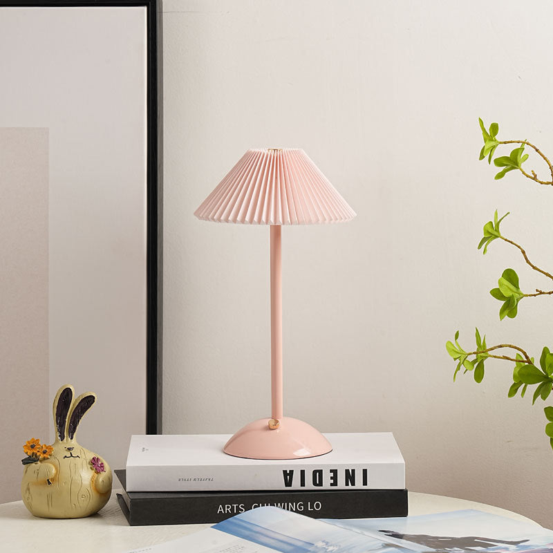 Rechargeable Table Lamp Pleated Fabric Shade Cordless Bedside Lamp with Iron Base Scandinavian Battery Lamp for Bedroom | Living Room and Dining Table