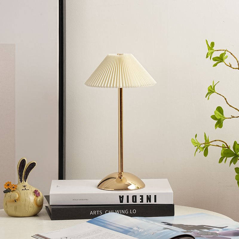 Rechargeable Table Lamp Pleated Fabric Shade Cordless Bedside Lamp with Iron Base Scandinavian Battery Lamp for Bedroom | Living Room and Dining Table