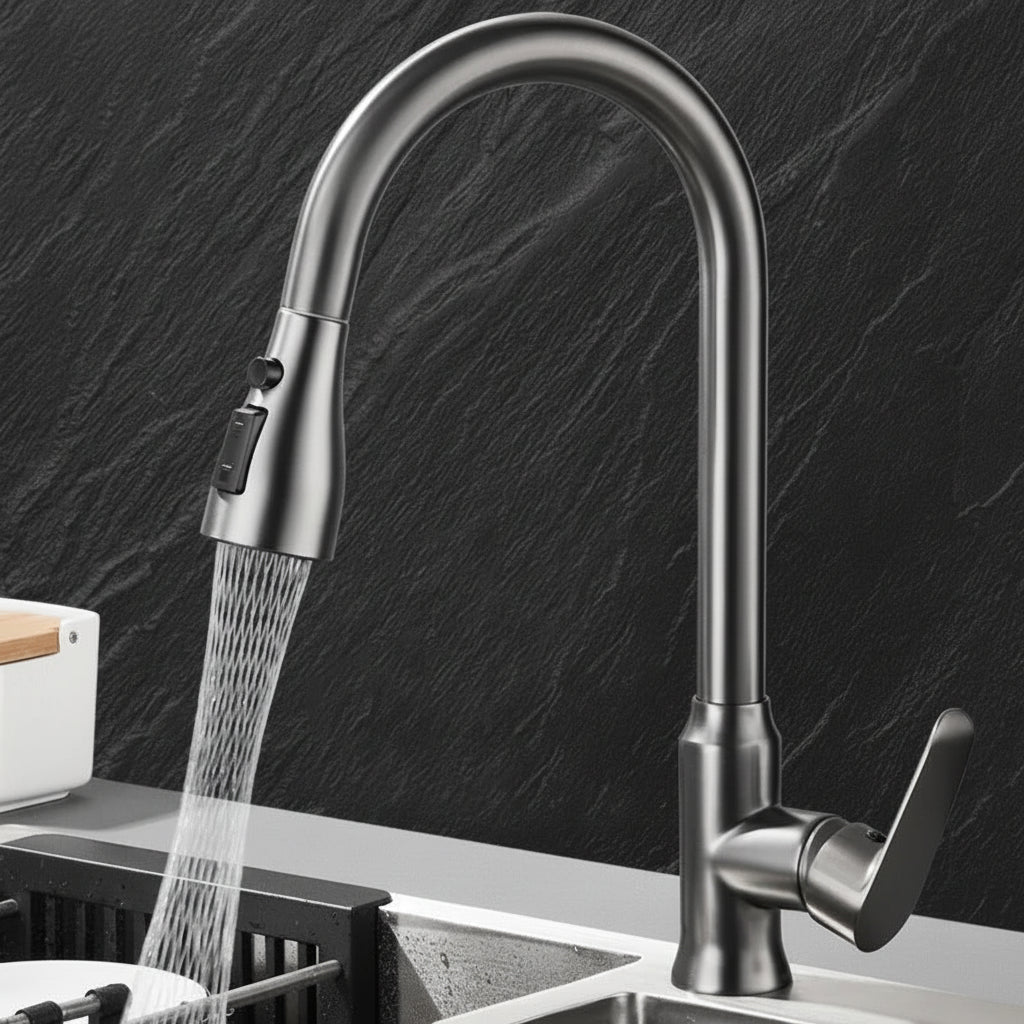Pull Out Kitchen Tap Single Lever Swivel Spout Kitchen Mixer Tap with Pull Down Spray Head and Flexible Hose for Kitchen Sinks