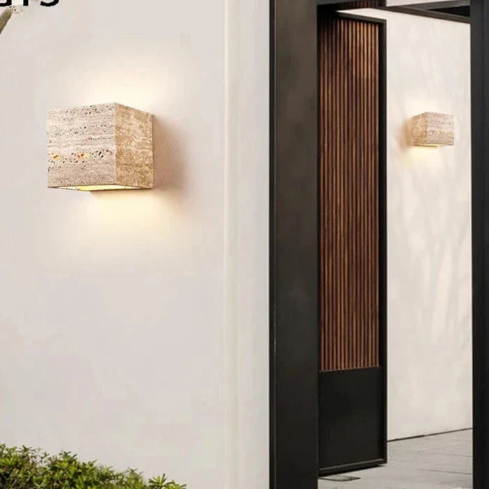 Minimalist Travertine Stone Outdoor LED Wall Light With Natural Cave Stone Shade