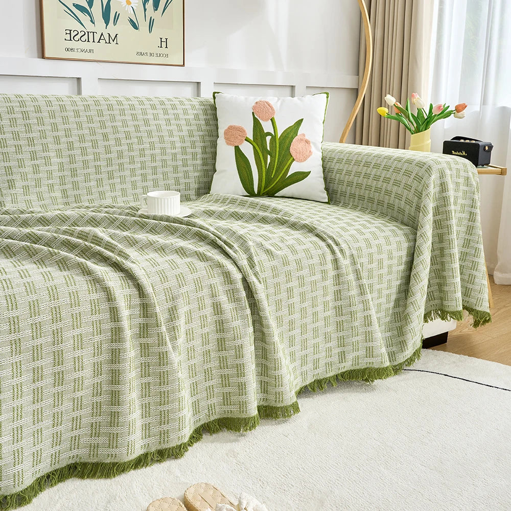 Extra Large Reversible Sofa Cover Soft Washable Woven Sofa Throw with Tassel Fringe for High Back Sofas and Large Couches