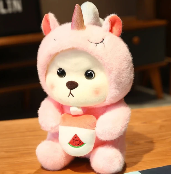 Plush Teddy Bear in Animal Costume Soft Cuddly Toy Bear with Zip Up Hooded Outfit Panda | Unicorn | Rabbit | Dinosaur and More Designs for Children