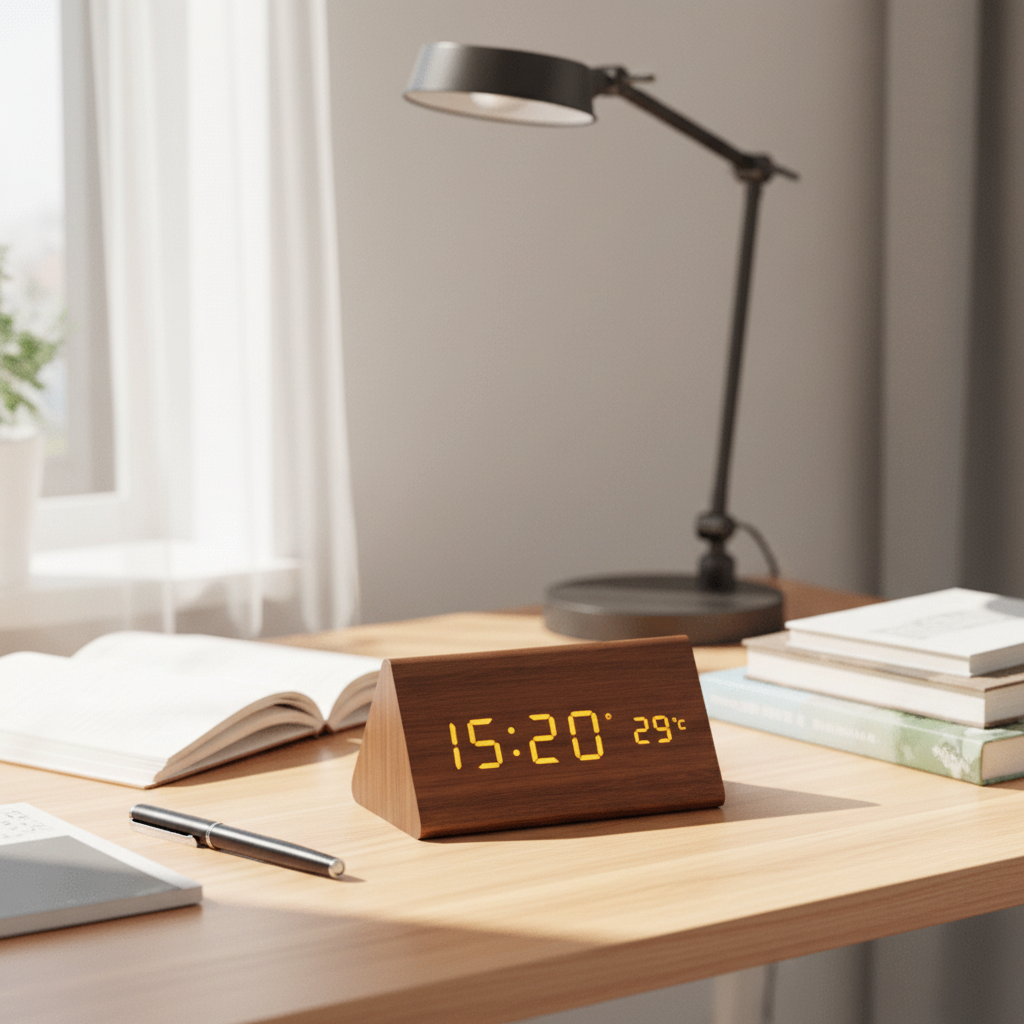 LED Wooden Alarm Clock Digital Desk Clock with Sound Activation Adjustable Brightness Battery or USB Powered for Bedroom