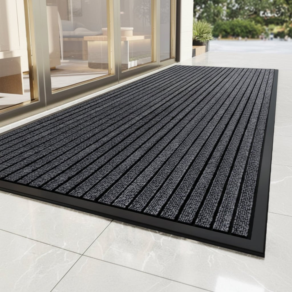Heavy Duty Doormat with Non-Slip Rubber Backing Striped Polyester Entrance Mat Waterproof Dirt Trapping for High-Traffic Entrances