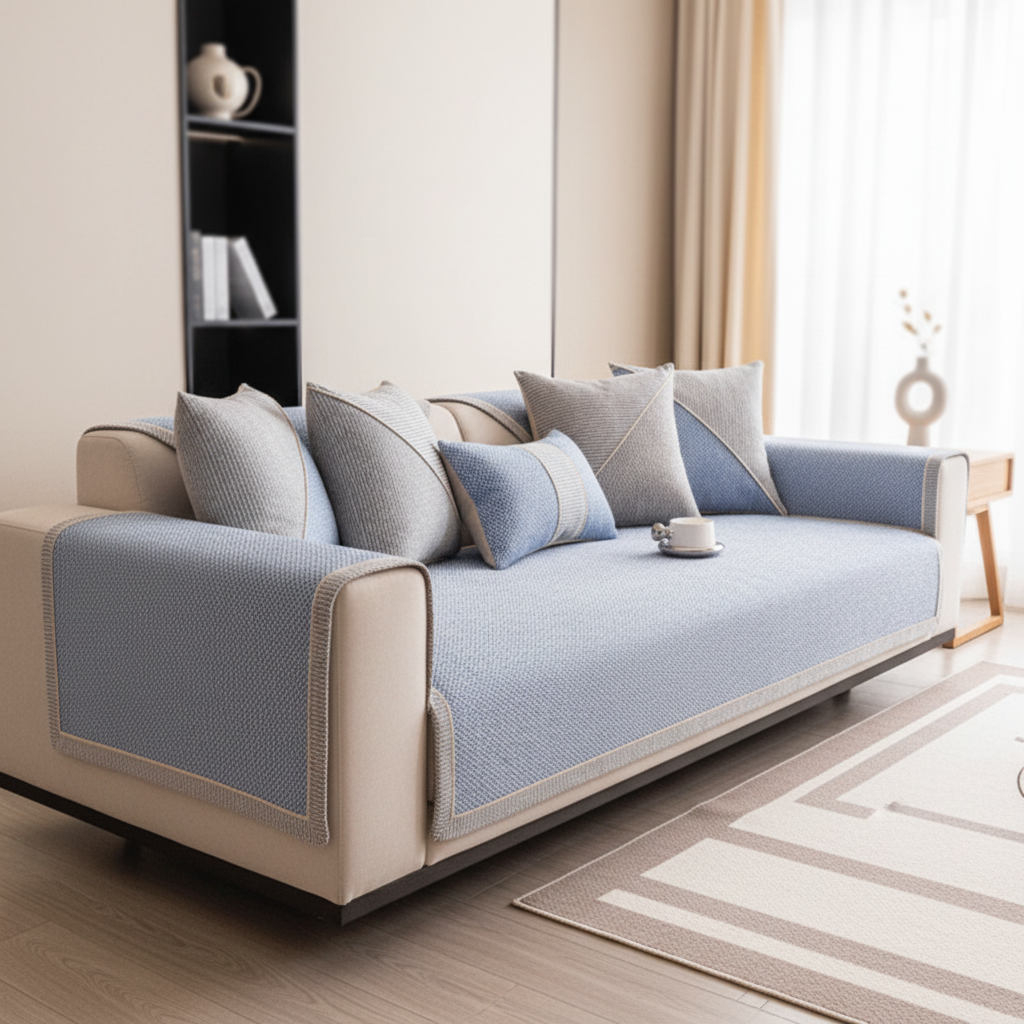 Non-Slip Sofa Cover Cotton Linen Quilted Sofa Throw Breathable Couch Protector with Latex Grip for All Seasons