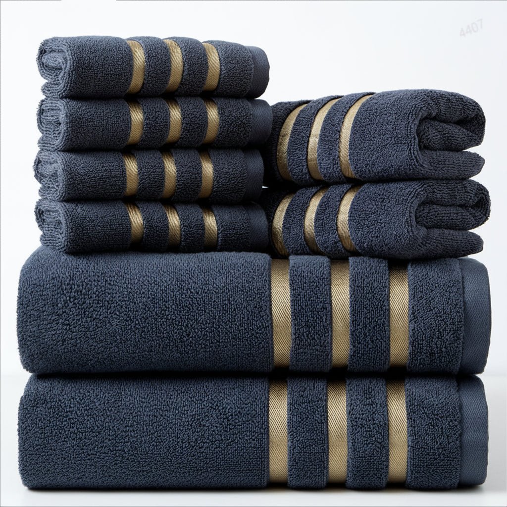 Bath Towel Set with Gold Stripe Border Soft Absorbent Towels Including Bath Towels | Hand Towels and Washcloths for Bathroom and Guest Room