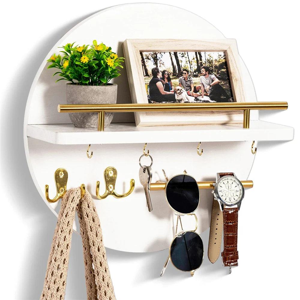 Round Wooden Key Holder Wall Mounted Entryway Organiser with Hooks and Shelf Wood and Metal Key Rack for Hallway | Living Room and Office