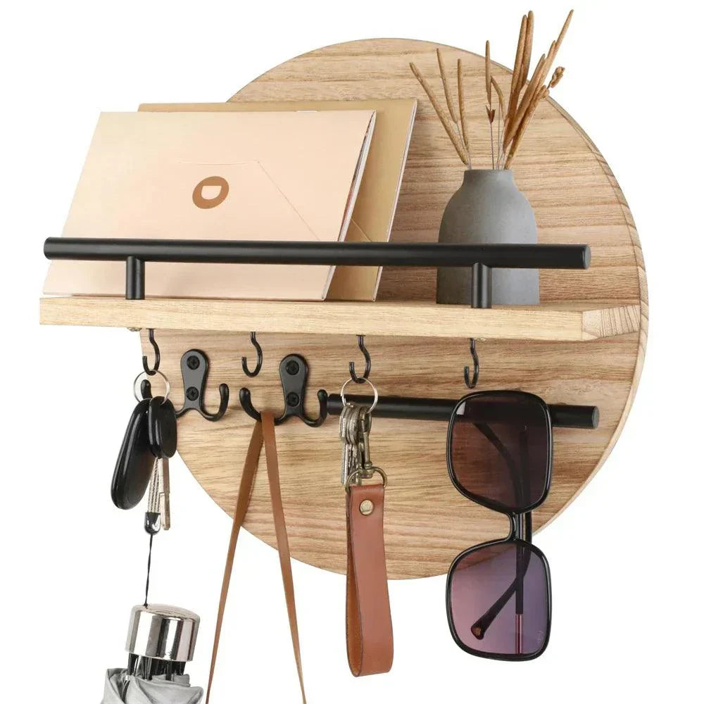 Round Wooden Key Holder Wall Mounted Entryway Organiser with Hooks and Shelf Wood and Metal Key Rack for Hallway | Living Room and Office