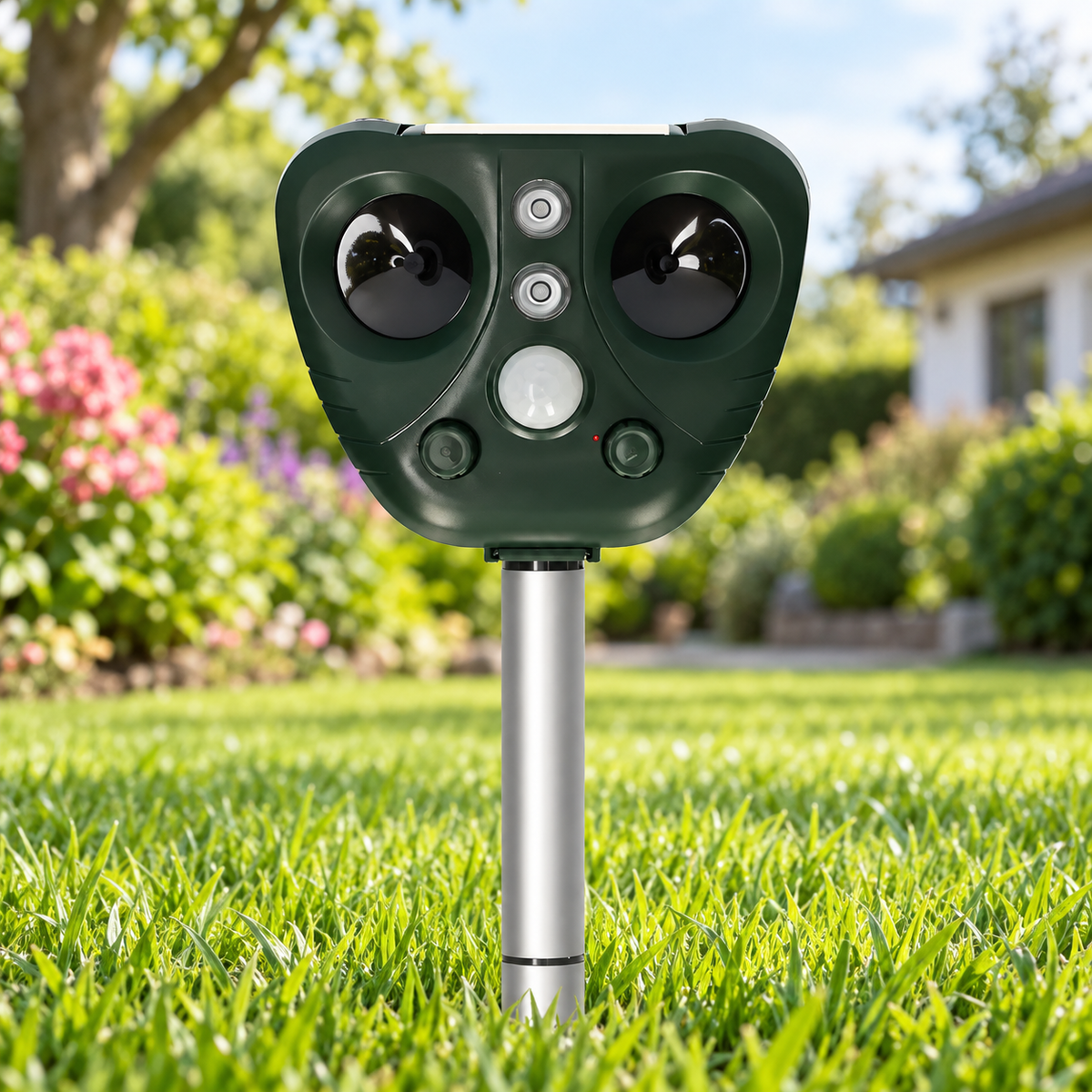 Solar Ultrasonic Bird Repeller Outdoor Garden Bird Deterrent with Motion Sensor and Flashing LED Lights Weatherproof Stake Mounted Repeller for Yards