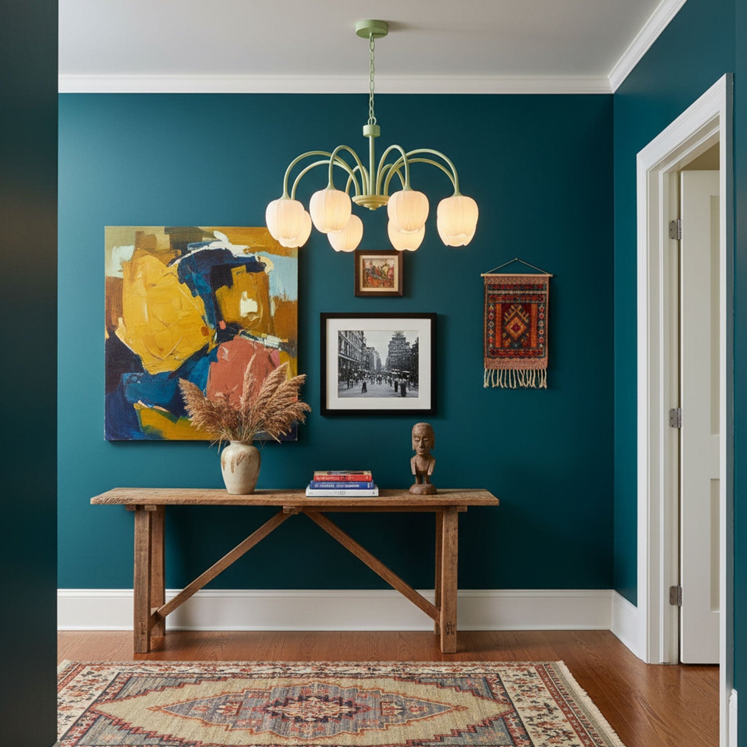 Five-Light Floral Glass Chandelier With Curved Arms