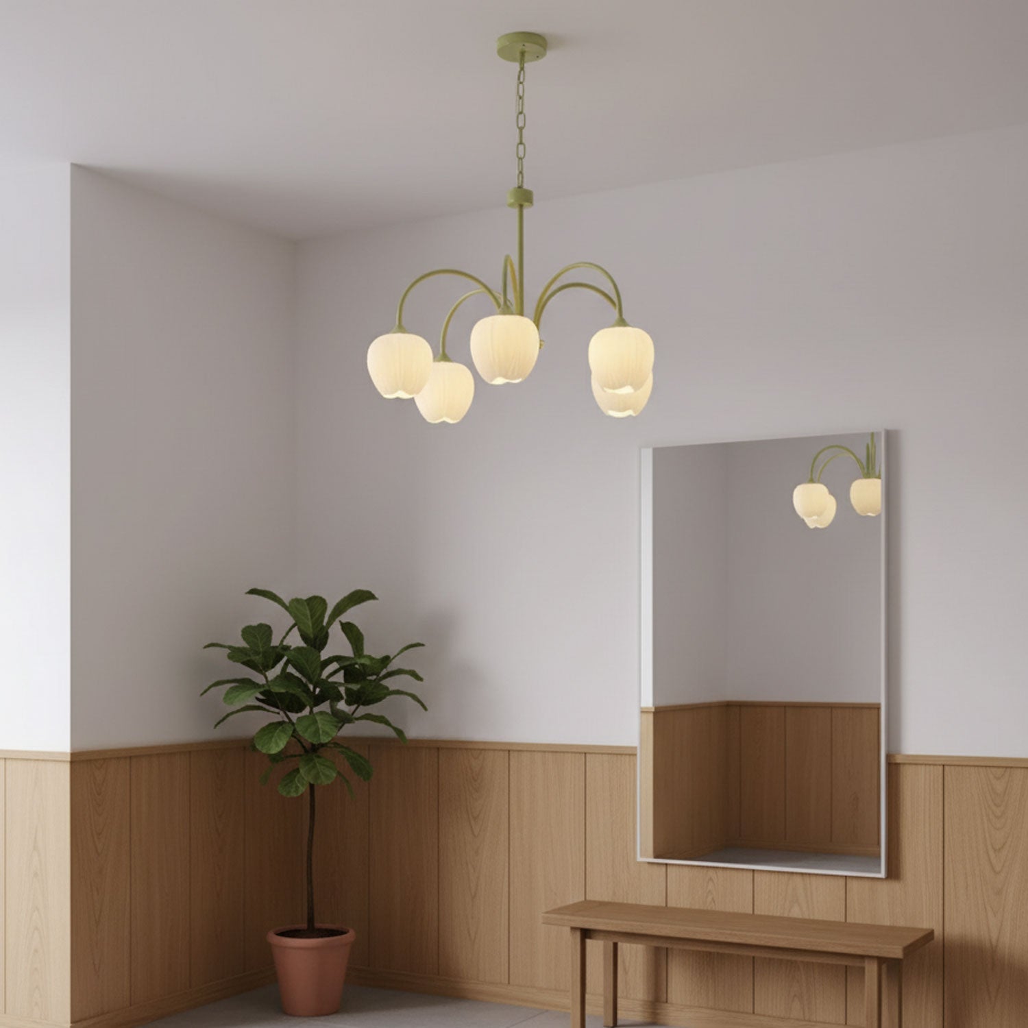 Five-Light Floral Glass Chandelier With Curved Arms