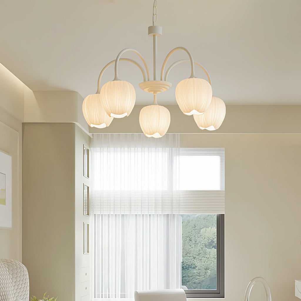 Five-Light Floral Glass Chandelier With Curved Arms