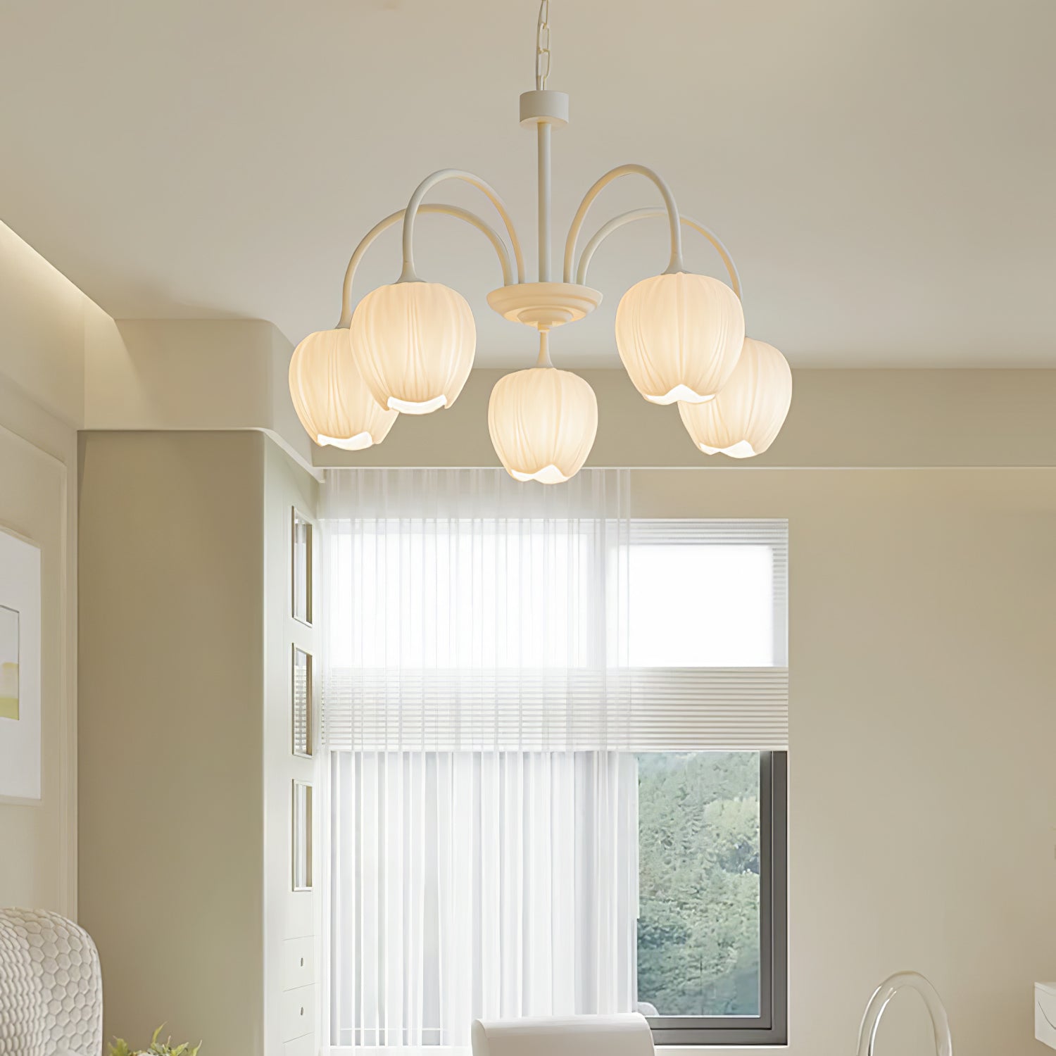 Five-Light Floral Glass Chandelier With Curved Arms