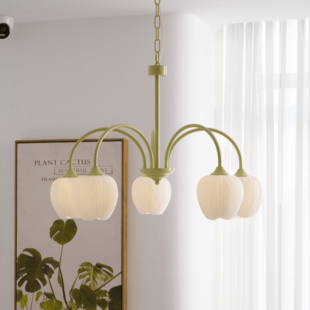 Five-Light Floral Glass Chandelier With Curved Arms