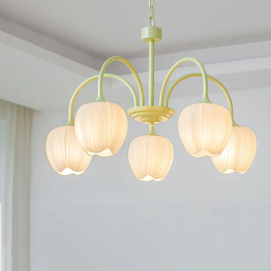 Five-Light Floral Glass Chandelier With Curved Arms
