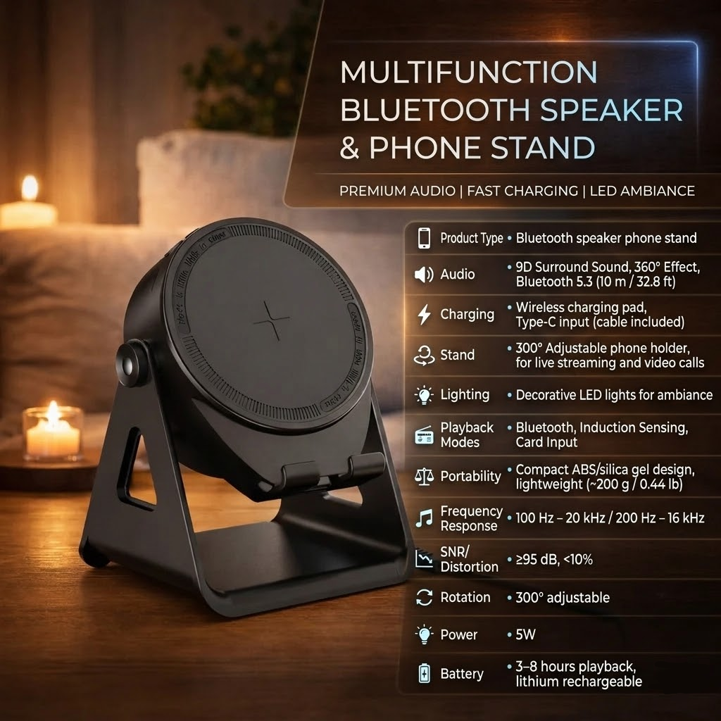 Bluetooth Speaker Phone Stand with Wireless Charger Adjustable Phone Holder with LED Ambient Light Rechargeable Battery for Bedside | Desk and Office