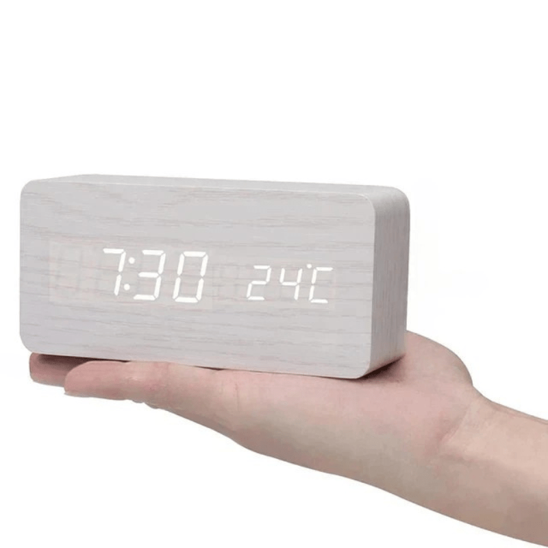 LED Wooden Alarm Clock Digital Desk Clock with Sound Activation Adjustable Brightness Battery or USB Powered for Bedroom